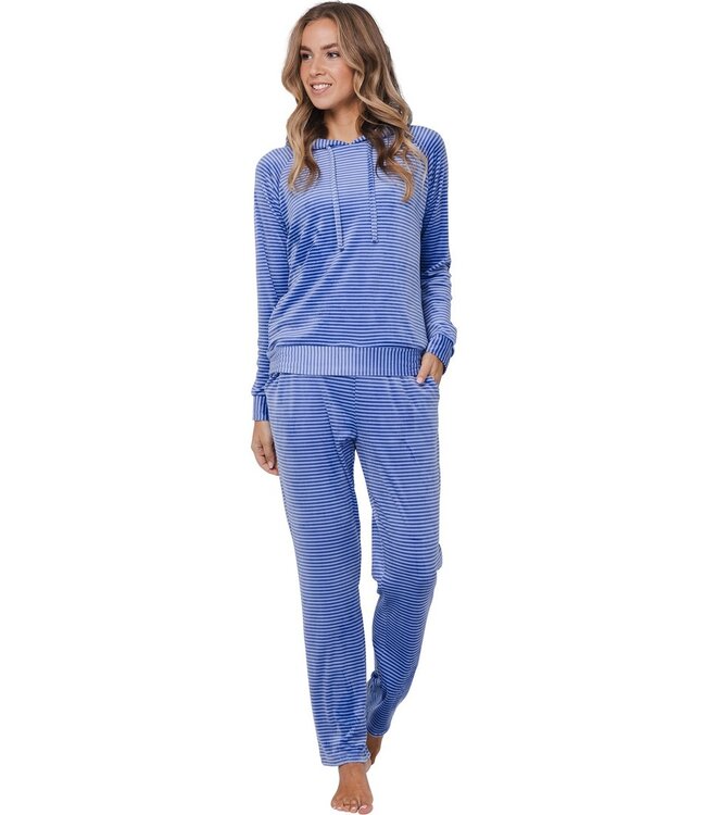 velvet home lounge suit with hood 'cool blue stripes'