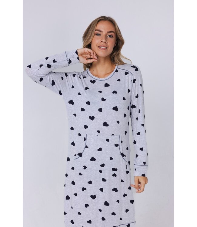 light grey melee long sleeve nightdress 'lots of lovehearts'