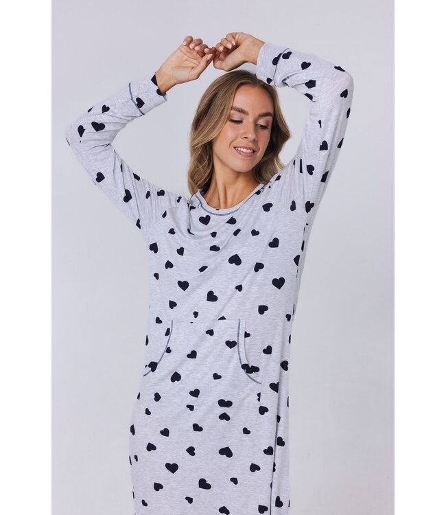 light grey melee long sleeve nightdress 'lots of lovehearts'