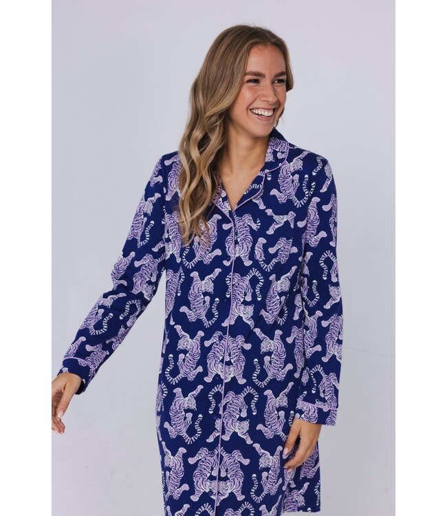 trendy full button organic cotton nightdress 'fantastic feline'