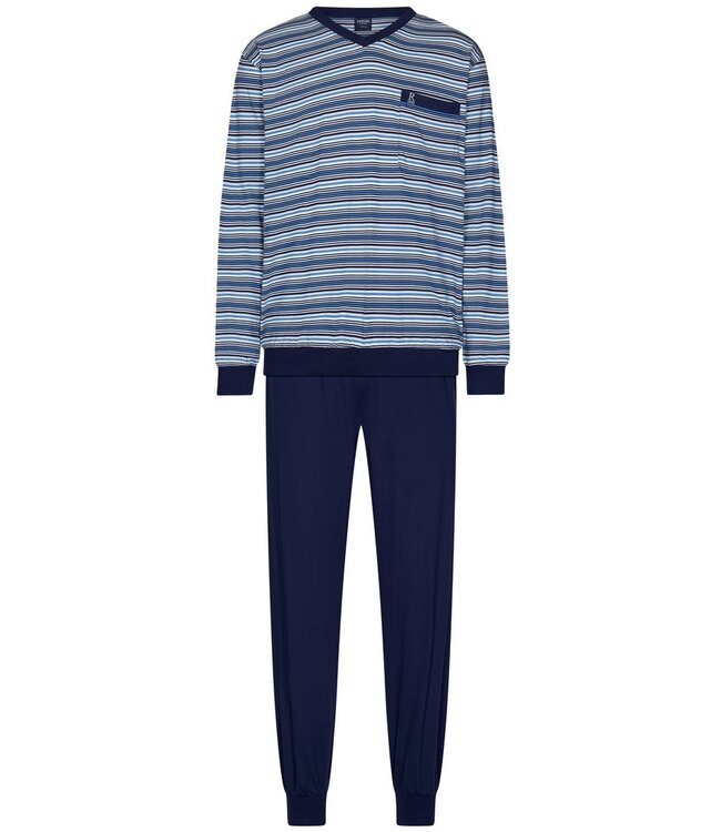 Katoenen heren pyjamaset met lange mouwen, v-hals en boorden 'fine stripes'
