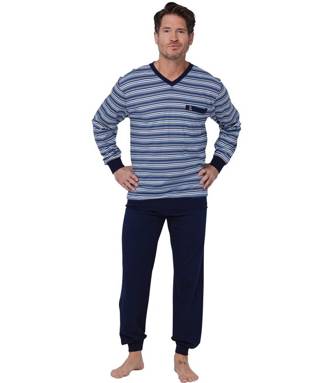 Katoenen heren pyjamaset met lange mouwen, v-hals en boorden 'fine stripes'