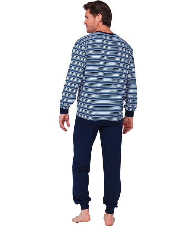 Katoenen heren pyjamaset met lange mouwen, v-hals en boorden 'fine stripes'