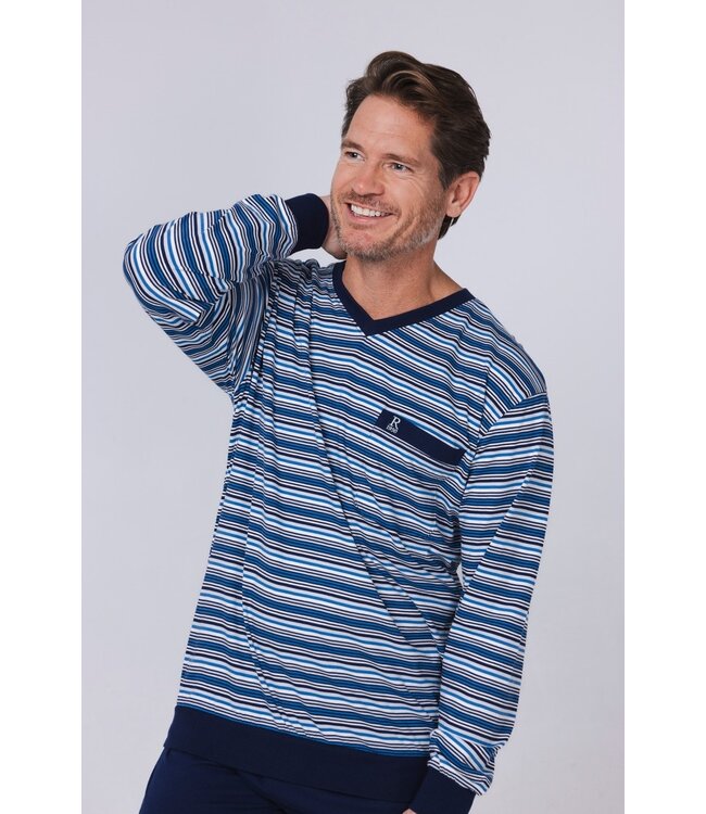men's long sleeve v-neck cotton pyjama set with cuffs 'fine stripes'