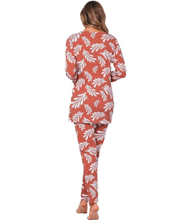 Bruine dames pyjama van katoen-elastan-mix ‘lovely leafs’
