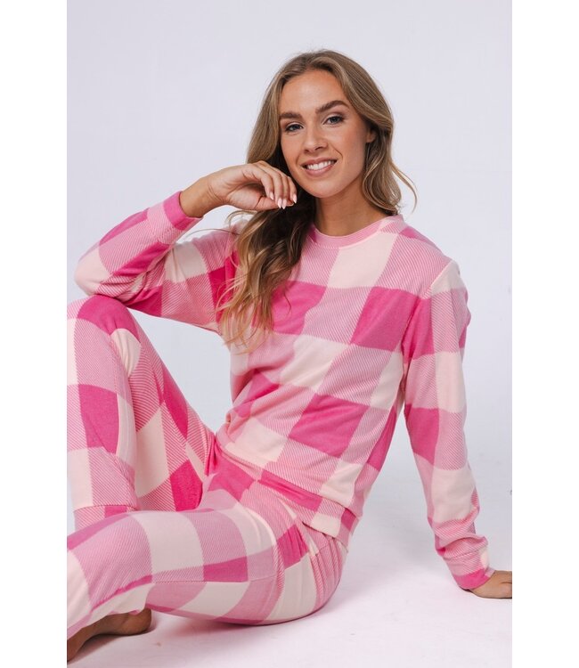 pink polar fleece lounge pyjama set 'chunky checks'