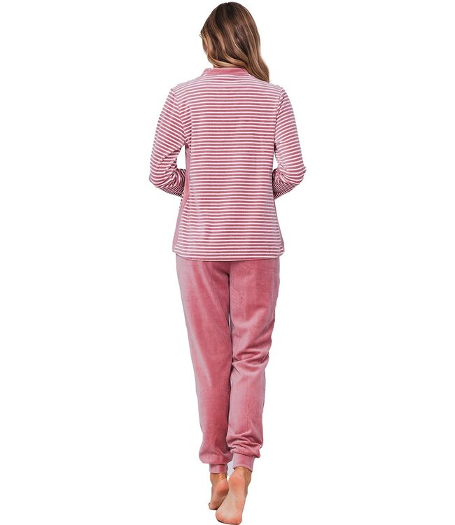 Zachte velours home-lounge pyjama met boorden ‘horizontale strepen’