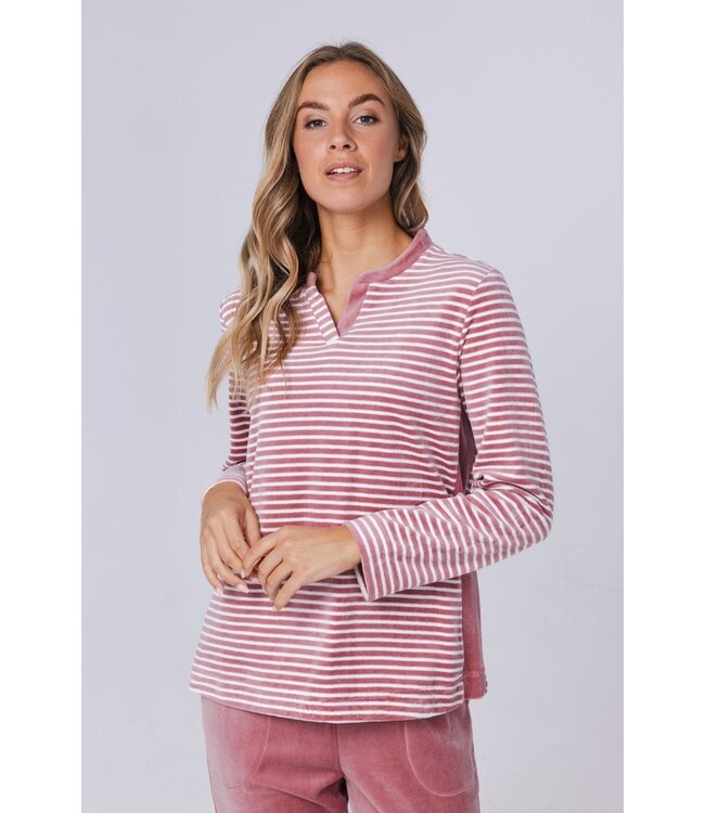 Zachte velours home-lounge pyjama met boorden ‘horizontale strepen’