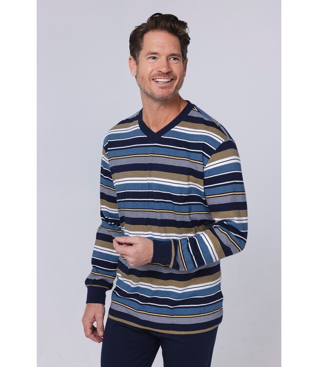 Heren pyjamaset van biologische katoen met V-hals 'just stripes'