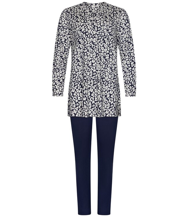 Donkerblauwe, katoen-modal dames pyjama met knopen 'little flowers'