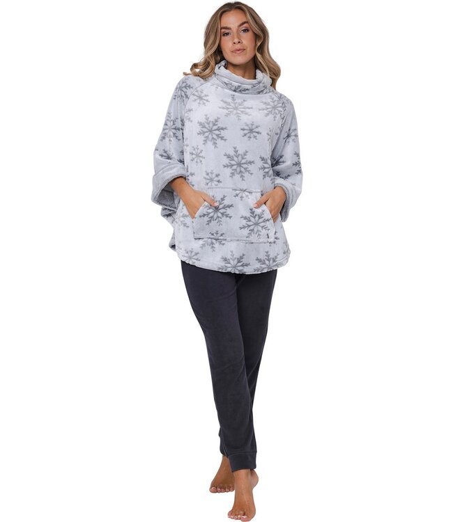 ladies soft embossed flannel fleece poncho 'silver snowflakes'