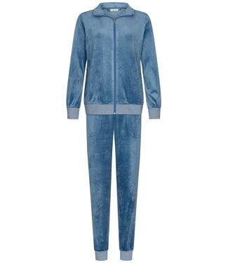 Pastunette Blauw velours huis- loungepak voor dames met rits 'velvet blue stripes'