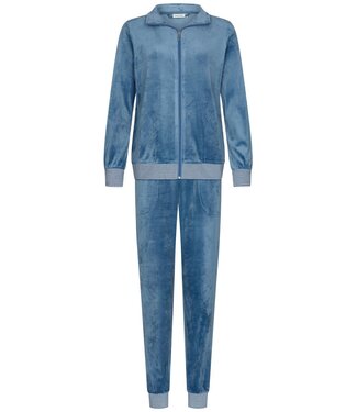Pastunette ladies blue velvet home-lounge suit with zip 'velvet blue stripes'