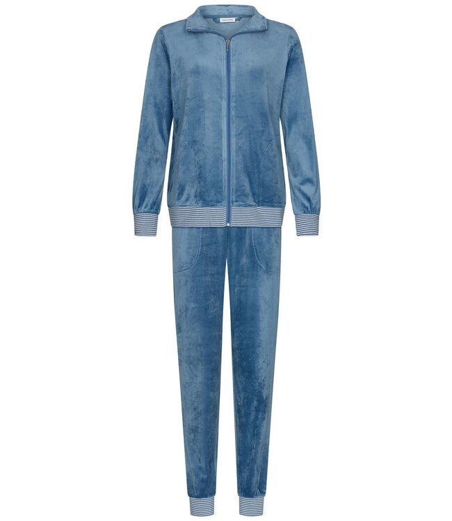 Blauw velours huis- loungepak voor dames met rits 'velvet blue stripes'