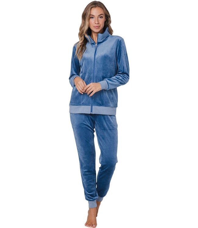 ladies blue velvet home-lounge suit with zip 'velvet blue stripes'