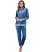 Blauw velours huis- loungepak voor dames met rits 'velvet blue stripes'