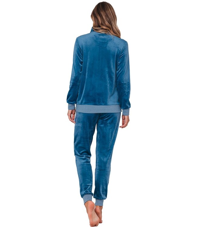 ladies blue velvet home-lounge suit with zip 'velvet blue stripes'