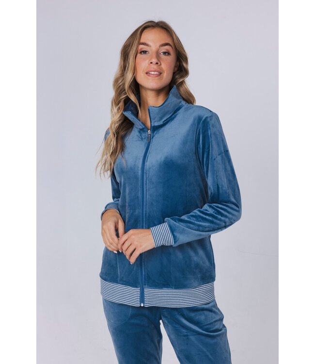 ladies blue velvet home-lounge suit with zip 'velvet blue stripes'
