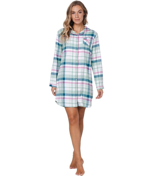 ladies long sleeve, full button, cotton flannel nightdress 'cool mint checks'