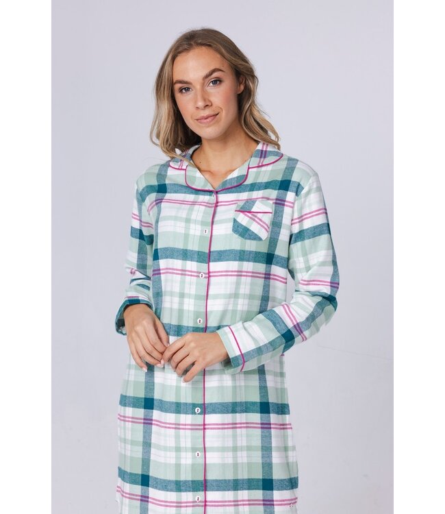 ladies long sleeve, full button, cotton flannel nightdress 'cool mint checks'