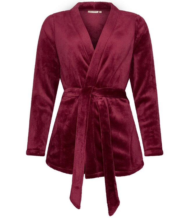 Korte, rode, coral-fleece kimono/huisjas met ceintuur 'chic comfort'
