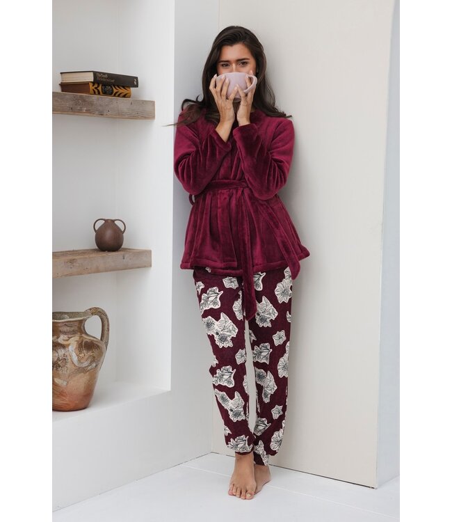 Korte, rode, coral-fleece kimono/huisjas met ceintuur 'chic comfort'