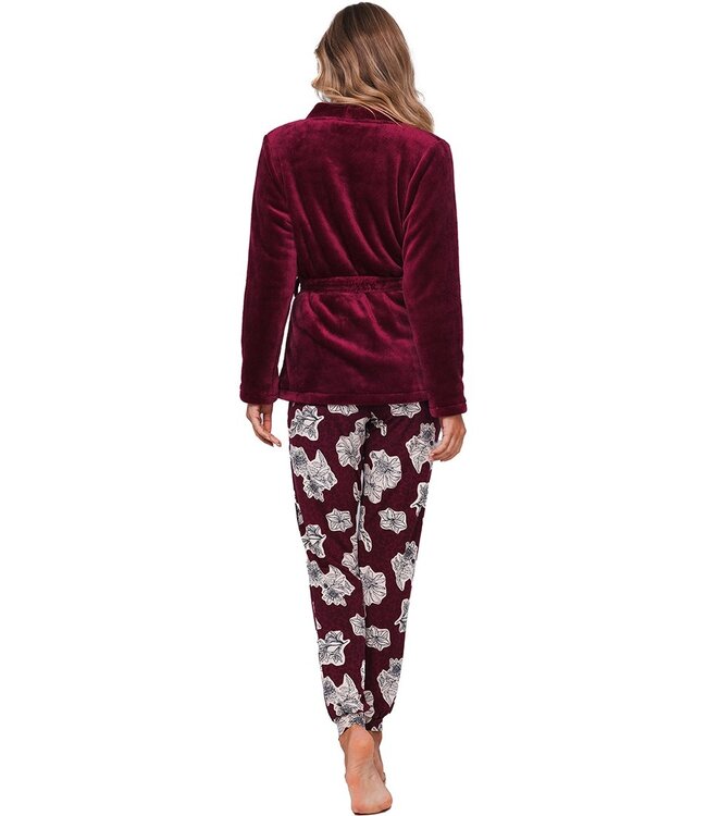 Korte, rode, coral-fleece kimono/huisjas met ceintuur 'chic comfort'