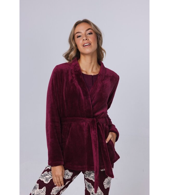 Korte, rode, coral-fleece kimono/huisjas met ceintuur 'chic comfort'