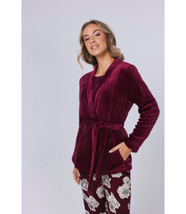 Korte, rode, coral-fleece kimono/huisjas met ceintuur 'chic comfort'