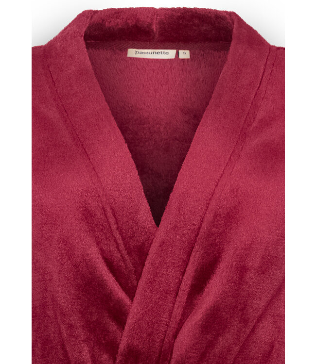 Korte, rode, coral-fleece kimono/huisjas met ceintuur 'chic comfort'