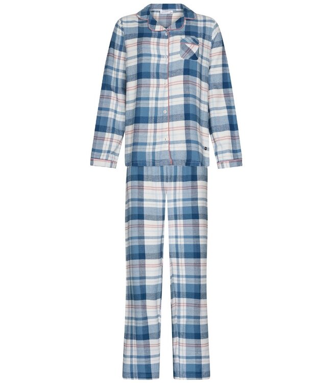 Doorknoop dames pyjama met lange mouwen van katoenflanel 'cool blue checks'