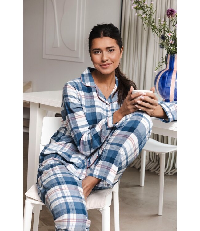 ladies long sleeve, full button, cotton flannel pyjama 'cool blue checks'