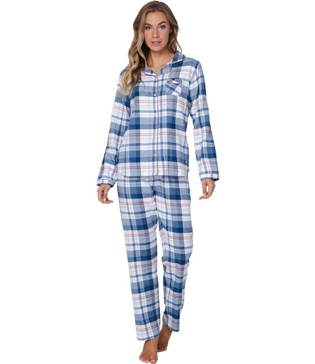 ladies long sleeve, full button, cotton flannel pyjama 'cool blue checks'