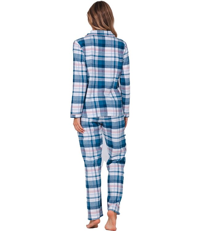 ladies long sleeve, full button, cotton flannel pyjama 'cool blue checks'