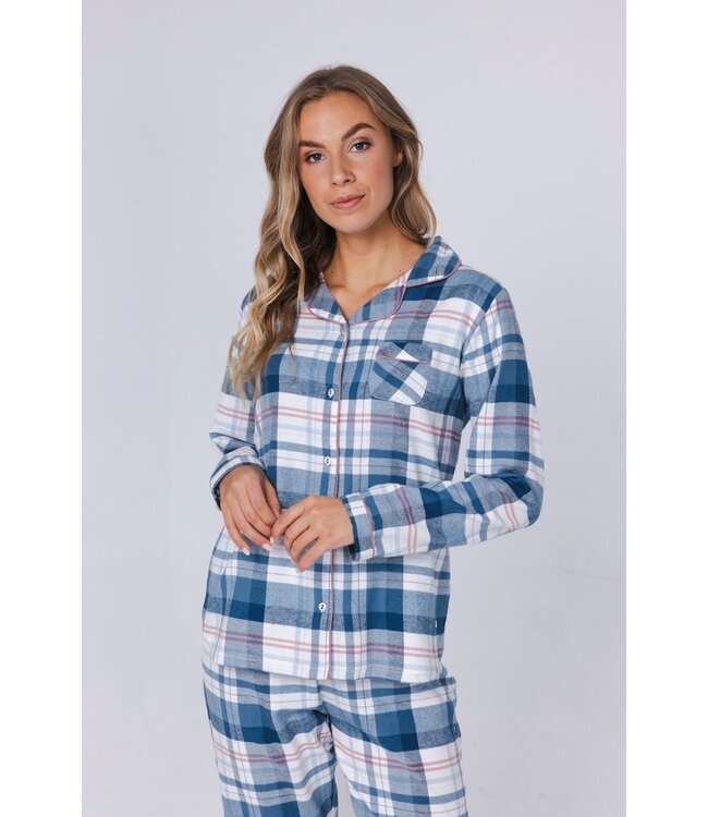 ladies long sleeve, full button, cotton flannel pyjama 'cool blue checks'