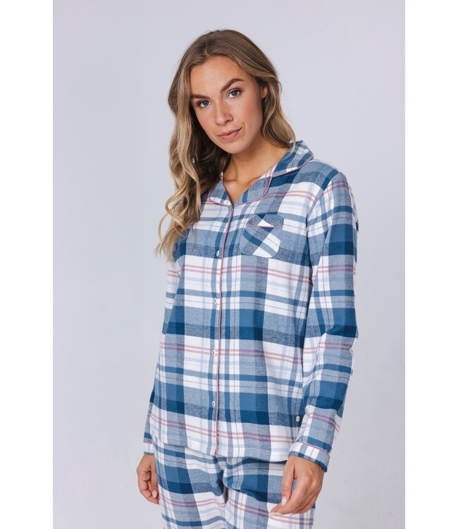 Doorknoop dames pyjama met lange mouwen van katoenflanel 'cool blue checks'