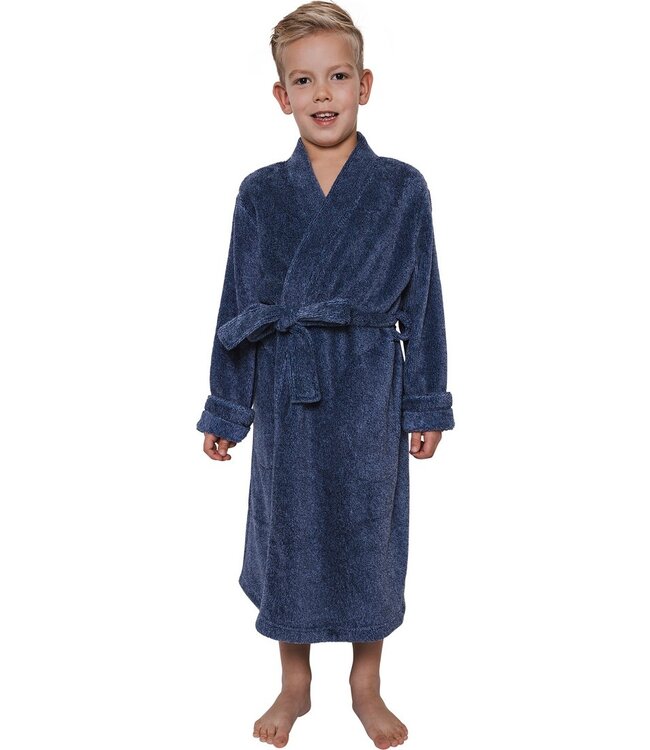 Warme, blauwe, jongens overslag ochtendjas met ceintuur 'modern little man'