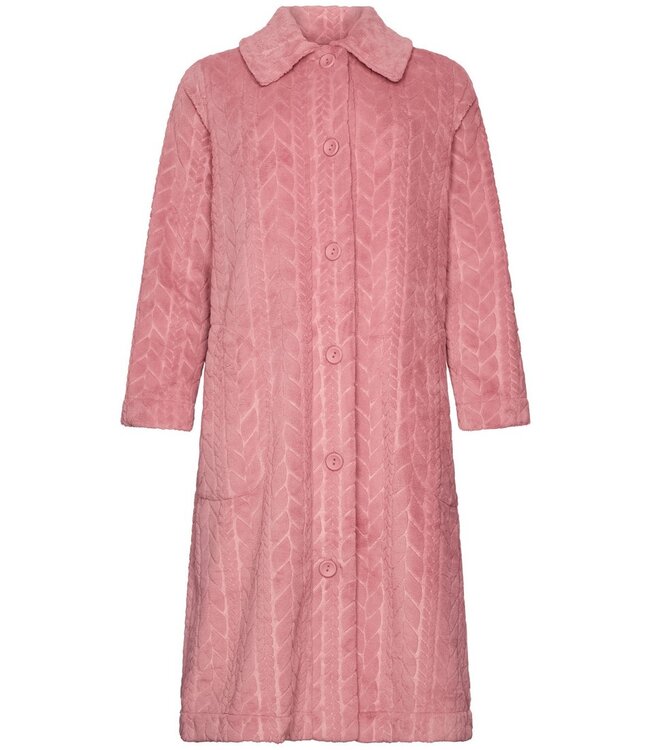 Warme fleece, roze, doorknoop ochtendjas ‘embossed weaves’