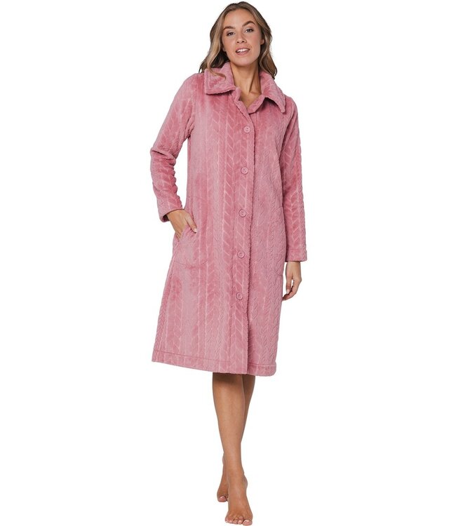 warm fleece full button pink morning gown 'embossed weave'