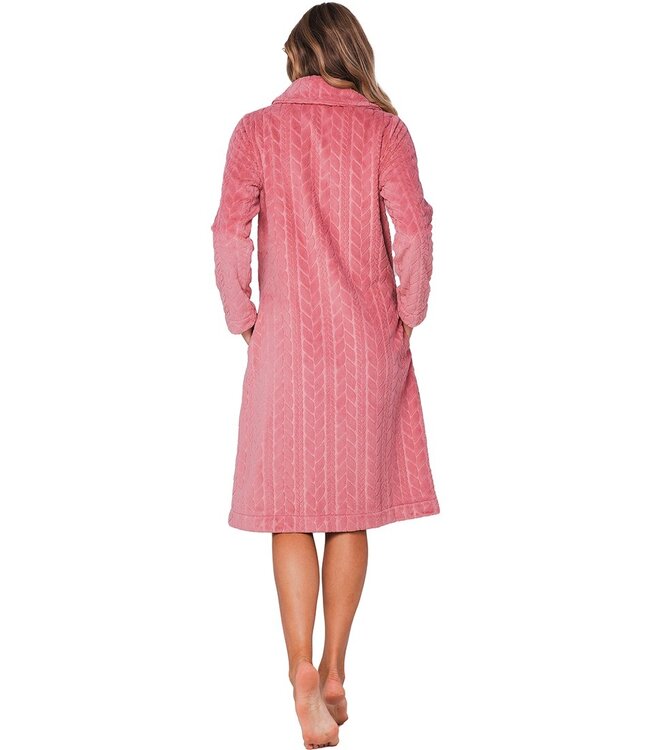 Warme fleece, roze, doorknoop ochtendjas ‘embossed weaves’