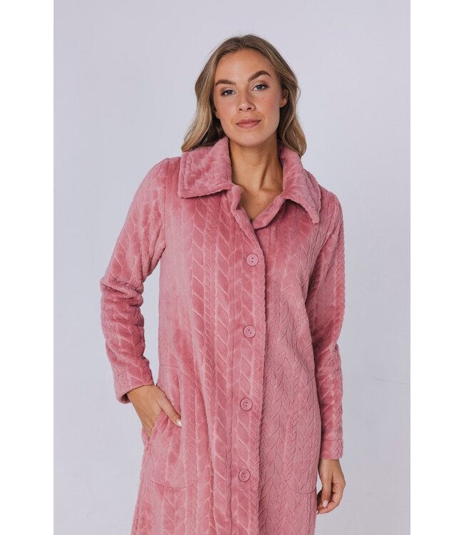 warm fleece full button pink morning gown 'embossed weave'