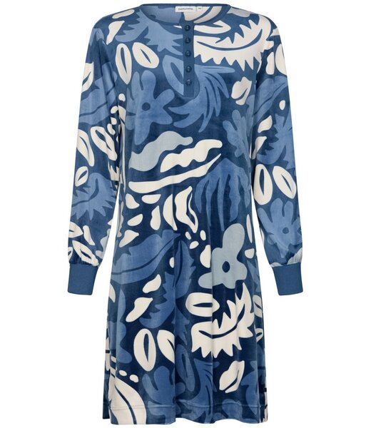 Pastunette Blauw velours home-lounge dress met knopen ‘bold arty leaves’