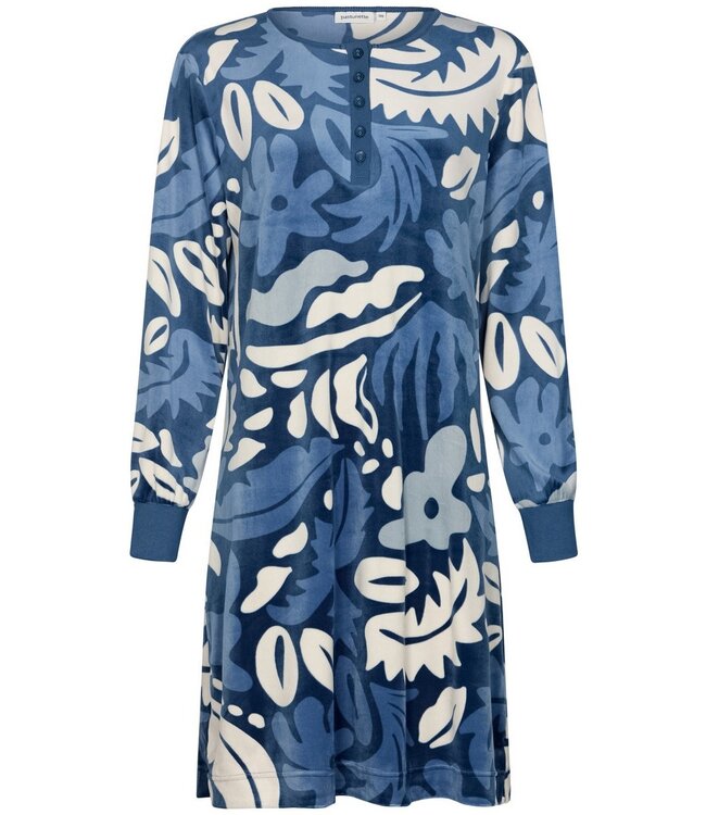 Blauw velours home-lounge dress met knopen ‘bold arty leaves’