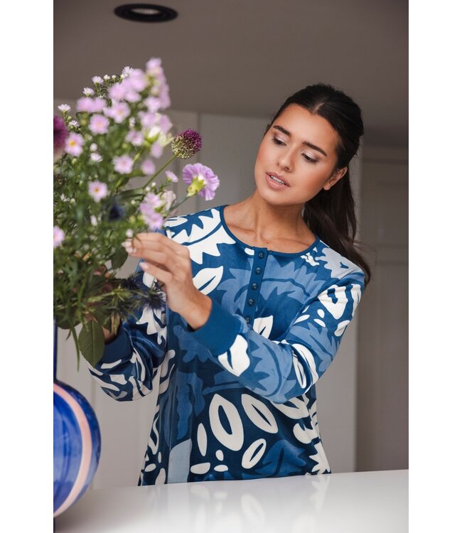 blue velvet home lounge dress with buttons 'bold arty leaves'