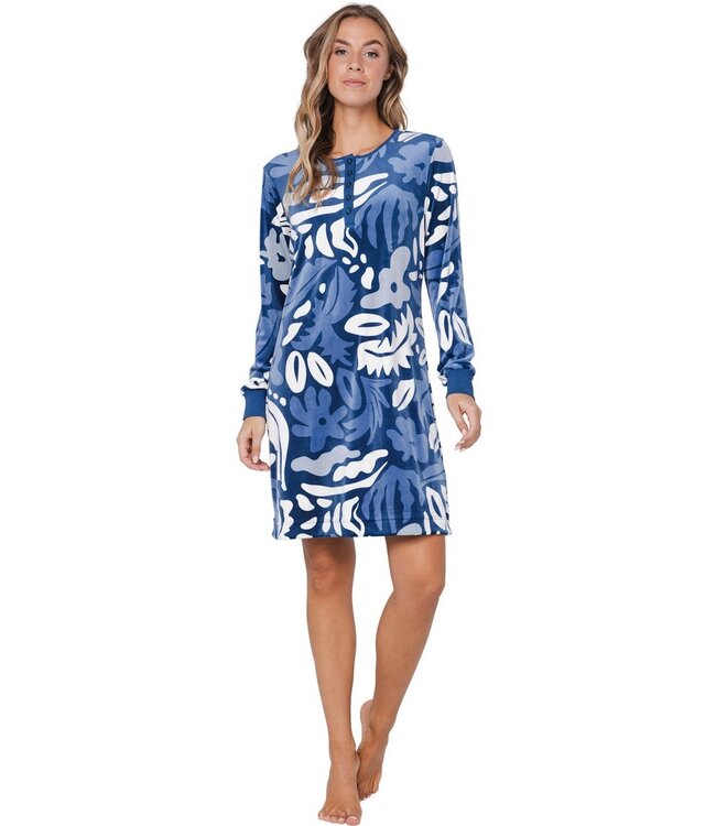 blue velvet home lounge dress with buttons 'bold arty leaves'