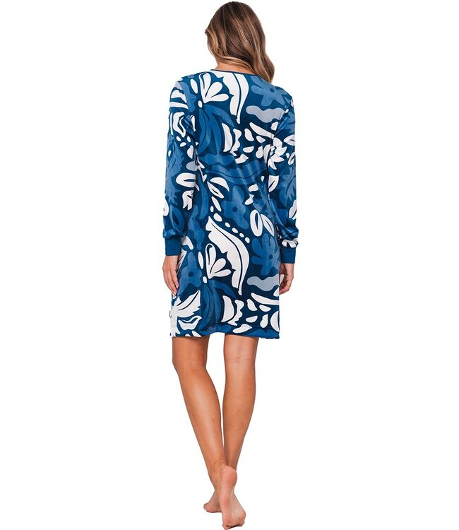 blue velvet home lounge dress with buttons 'bold arty leaves'