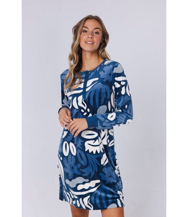 blue velvet home lounge dress with buttons 'bold arty leaves'