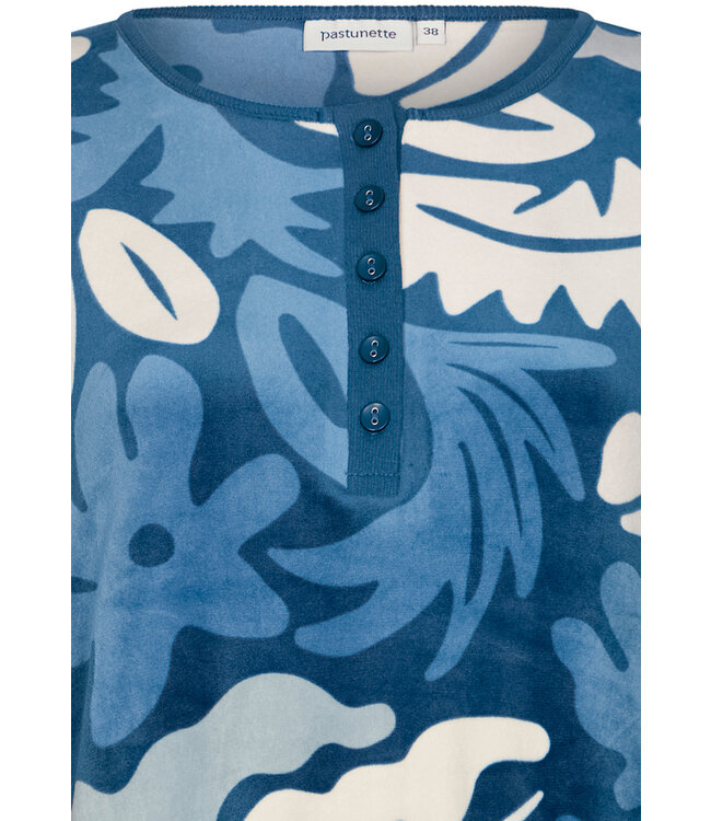 blue velvet home lounge dress with buttons 'bold arty leaves'