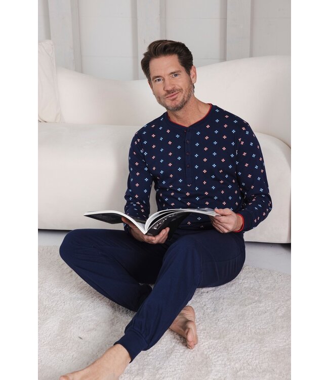 Heren pyjama van bio-katoen met lange mouwen en knopen 'geometric star'
