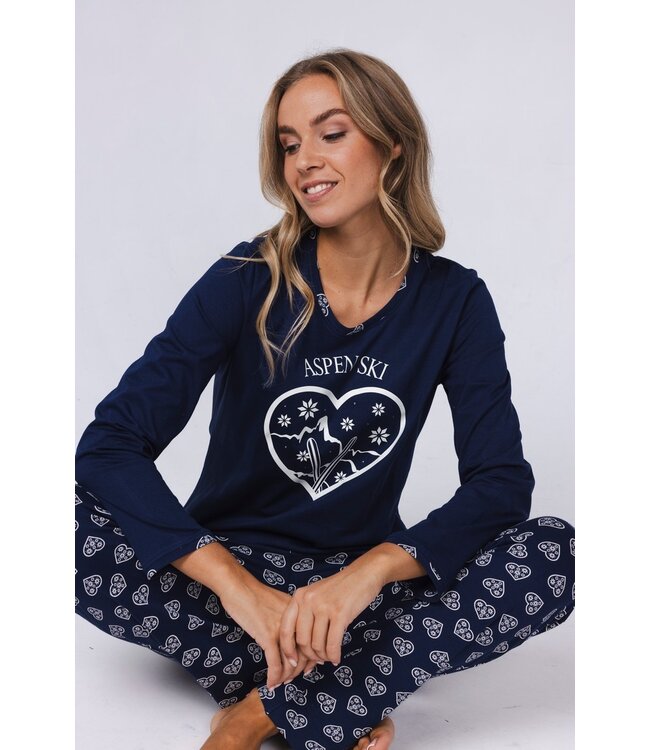 ladies blue long sleeve cotton pyjama set 'snow time'
